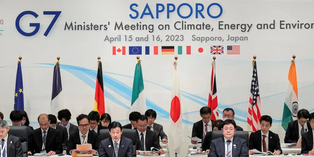 Japan's Minister of Economy, Trade and Industry Yasutoshi Nishimura (front L) and Minister of the Environment Akihiro Nishimura (front R) attend the G7 Ministers' Meeting on Climate, Energy and Environment in Sapporo.
