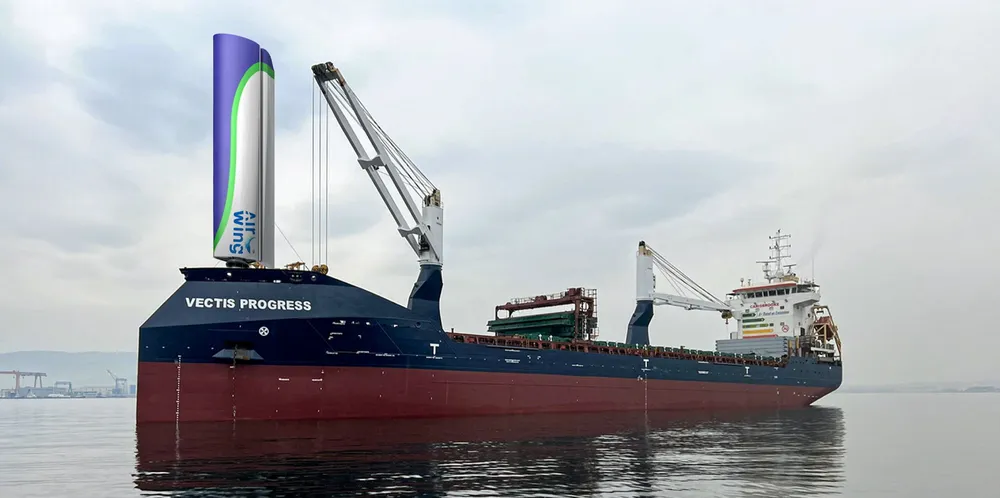 A rendering of GT Green Technologies’ AirWing system, standing 20 metres tall, which is scheduled to be installed on a Carisbrooke Shipping vessel.