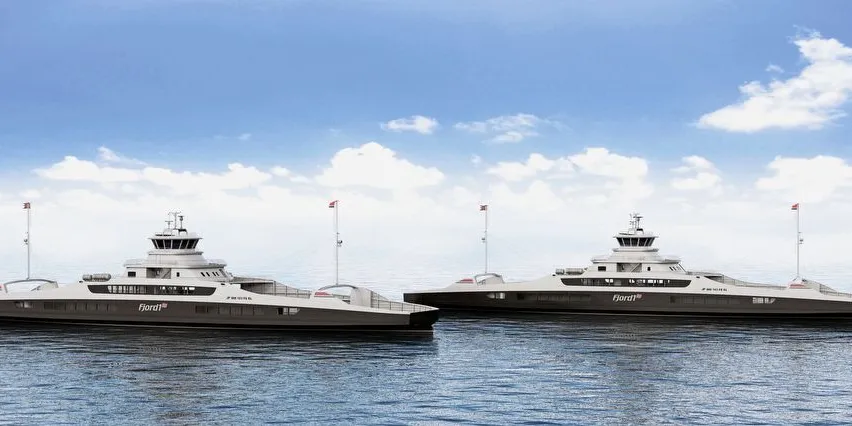 To nye elferger designet av Multi Martime for Fjord1. De vil få Auto Crossing-system fra Rolls-Royce. Pressefoto.
