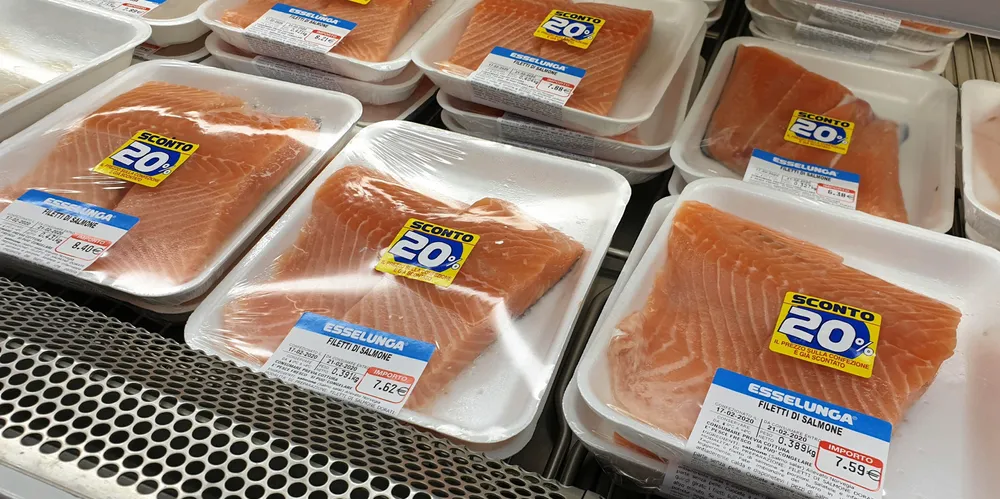 Norwegian salmon sold in Milan, Italy.