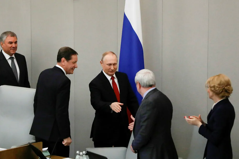 Ominous amendment: Russian President Vladimir Putin arriving at the lower house of parliament this week
