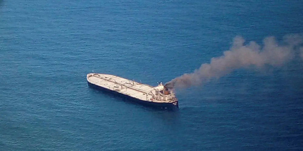 A Sri Lankan Airforce photo shows smoke from the VLCC New Diamond after it suffered a fire off Sri Lanka.