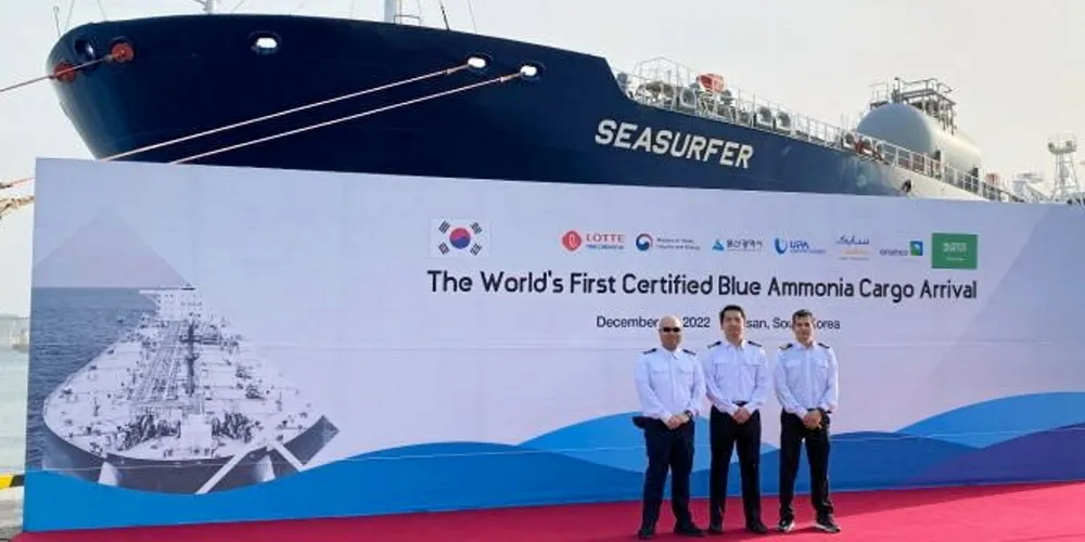 Officers of Thenamaris’ Seasurfer celebrate their arrival in Ulsan to deliver their shipment of blue ammonia.