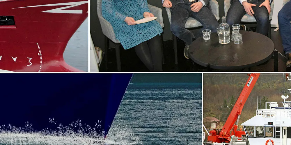 Camilla Aadland (til v.) intervjuer Eirik Bøckmann, Torfinn Hansvik, Kjell Bjørnar Bakken og Anders Stoltz-Rasmussen om batteri og grønne båter.