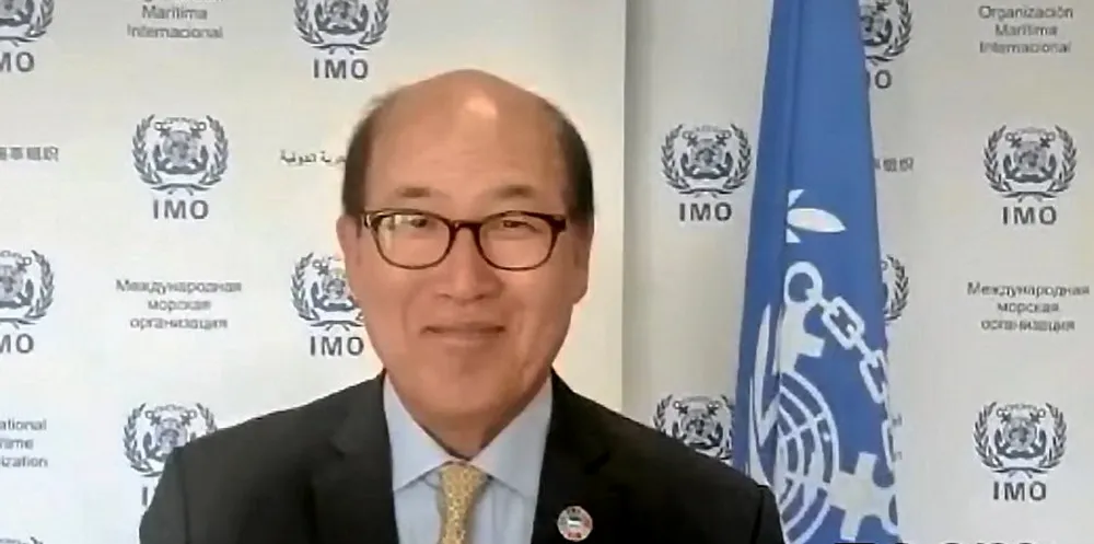 IMO secretary general Kitack Lim is seen addressing the Tristar Maritime Safety at Sea 2023 conference.
