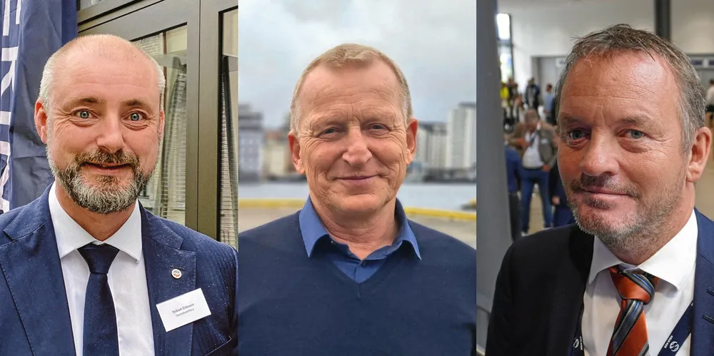 Robert Eriksson i Sjømatbedriftene, Kåre Heggebø i Norges Fiskarlag og Geir Ove Ystmark i Sjømat Norge frykter konsekvensene av økt landbrukstoll.