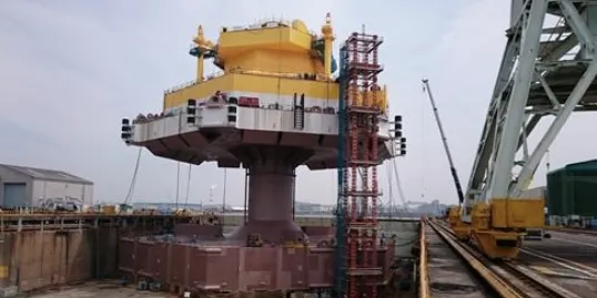 Hitachi will mount a 5MW turbine on this advanced spar floater, now moored off the coast of Awaji Island, Japan