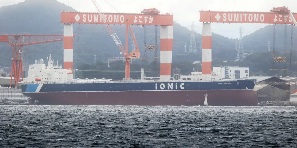 The crude carrier Ionic Anemos, pictured as a newbuilding at Japan's Sumitomo Heavy Marine Yokosuka yard, has passed under control of Libya's GNMTC.