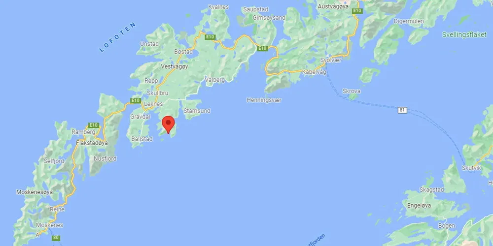 Kartet viser Lofoten Sjøprodukters oppdrettslokalitet Kolvikodden Ø.