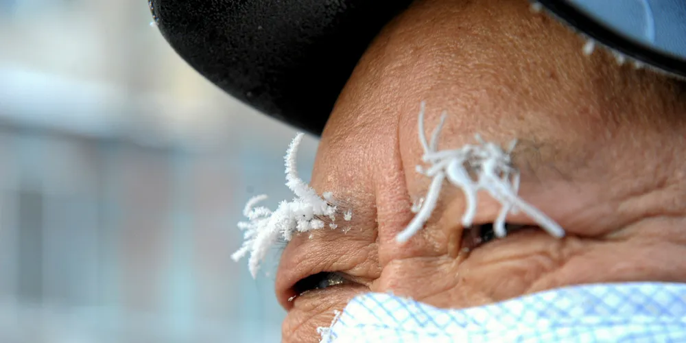 An old man’s frozen eyebrows in the city of Harbin, northeast China