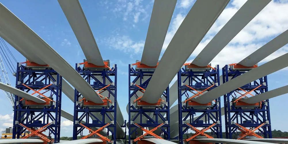 Turbine blades stacked at ProvPort during construction of the Block Island Wind Farm