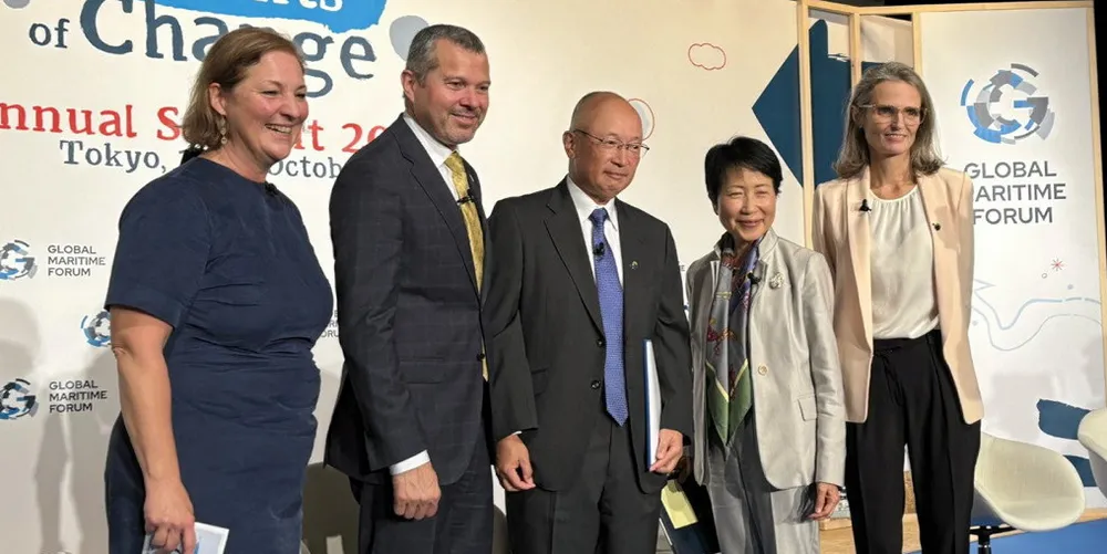 (From left) GMF chief executive Johannah Christensen, IMO secretary general Arsenio Dominguez, Mitsui OSK Lines chief executive Takeshi Hashimoto, University of Tokyo’s Naoko Ishii and Rio Tinto head of commercial operations Laure Baratgin at the annual summit of the Global Maritime Forum in Tokyo.