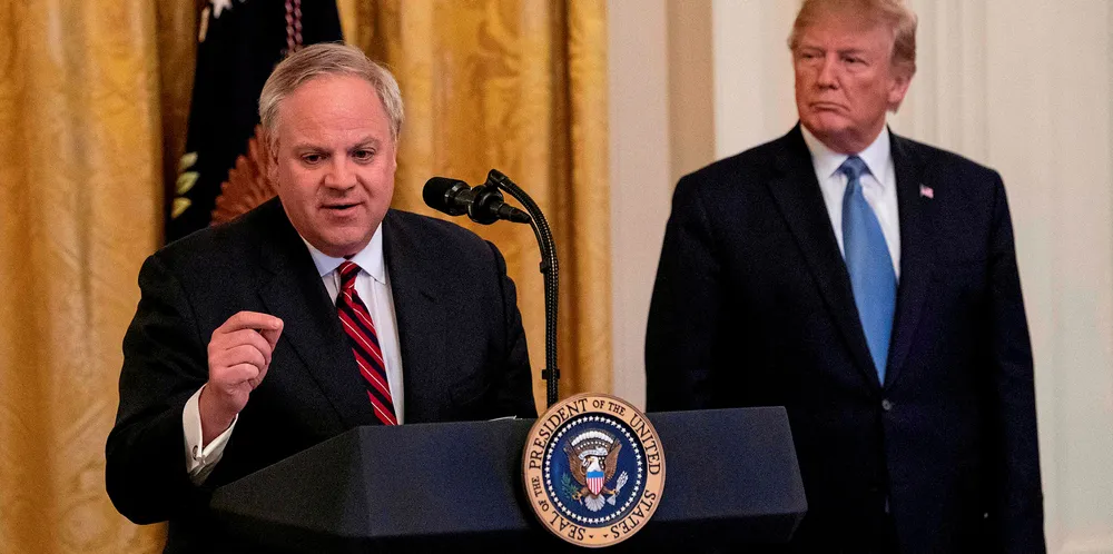 US President Donald Trump listens as Interior Secretary David Bernhardt speaks about the administration's environmental policies.