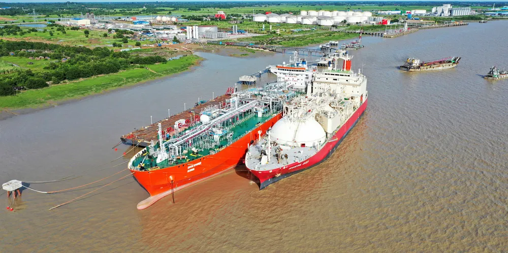 One of the first LNG cargoes is offloaded into the small-scale floating storage unit in Myanmar earlier this year.