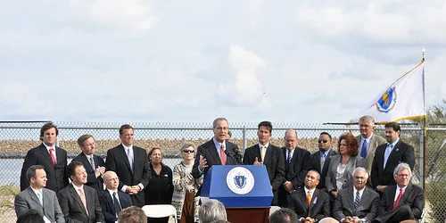 Cape Wind President Jim Gordon speaking at the New Bedford terminal.