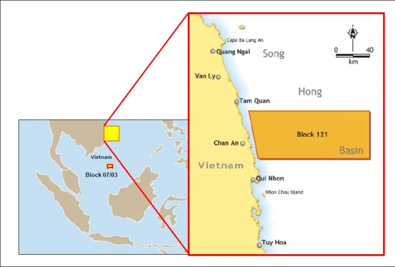 Offshore Vietnam: a location map showing blocks 121 and 07/03, where three wells are planned to be drilled in the coming months