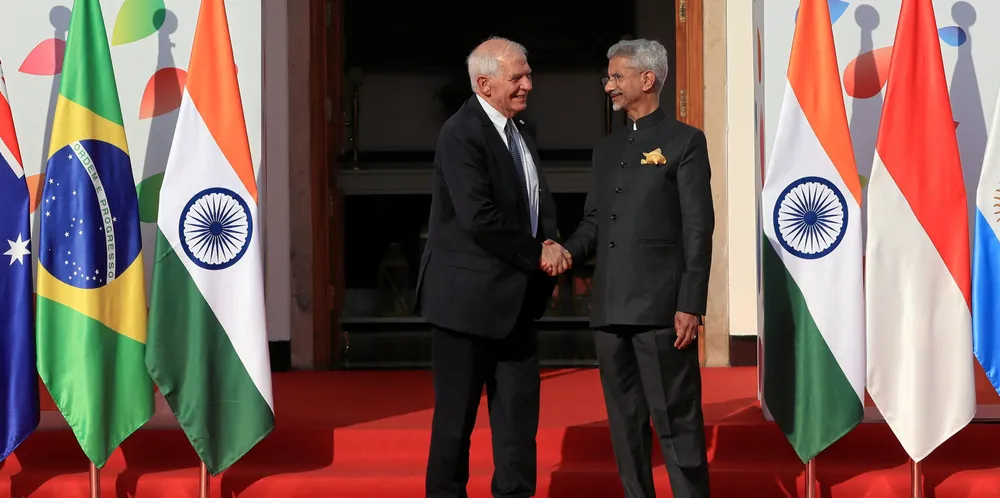 Josep Borrell and Subrahmanyam Jaishankar at the G20 Foreign Ministers’ meeting in March.