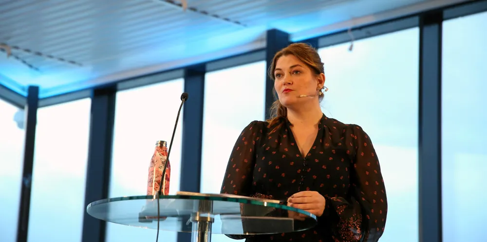 Fiskeri- og havminister Cecilie Myrseth (Ap) under framleggingen av kvotemeldingen 12. januar i Tromsø.