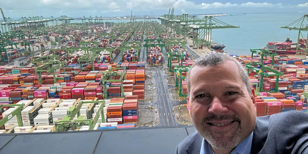 IMO secretary general Arsenio Dominguez inspecting a container terminal at the Port of Singapore.