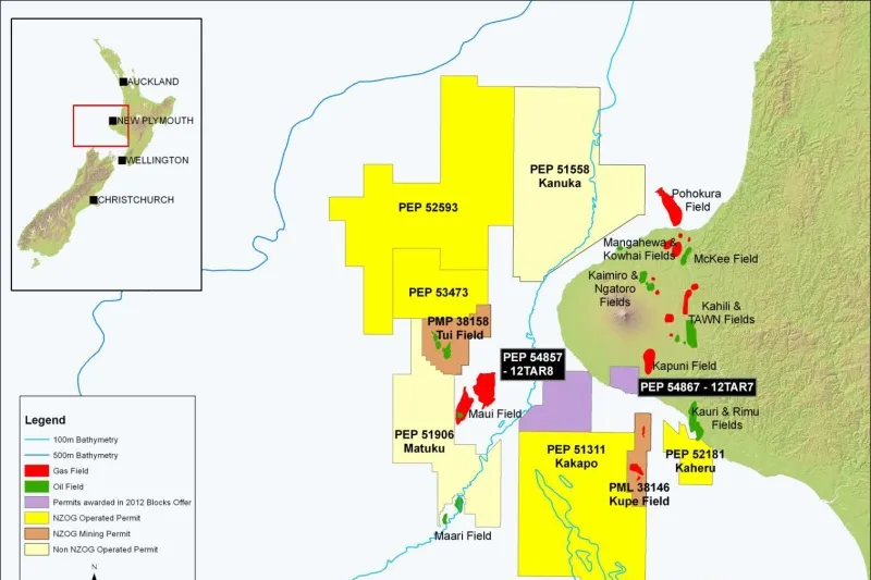Taranaki basin: New Zealand Oil & Gas’ permits. The purple blocks are the company’s most recently awarded permits from the New Zealand Government’s 2012 licensing round.