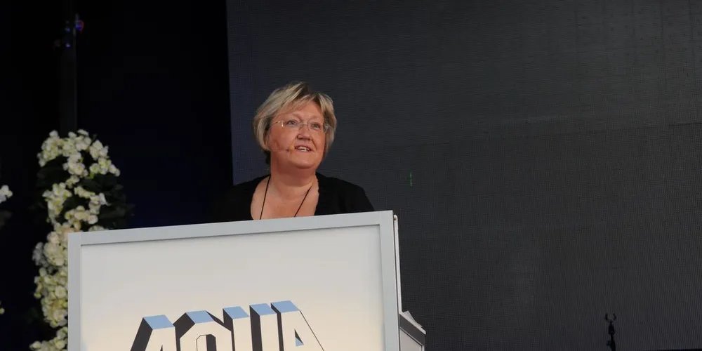 Fiskeriminister Elisabeth Aspaker åpnet Aqua Nor 2015 og benyttet muligheten til å skryte av norsk havbruk. Foto: Kjersti Kvile