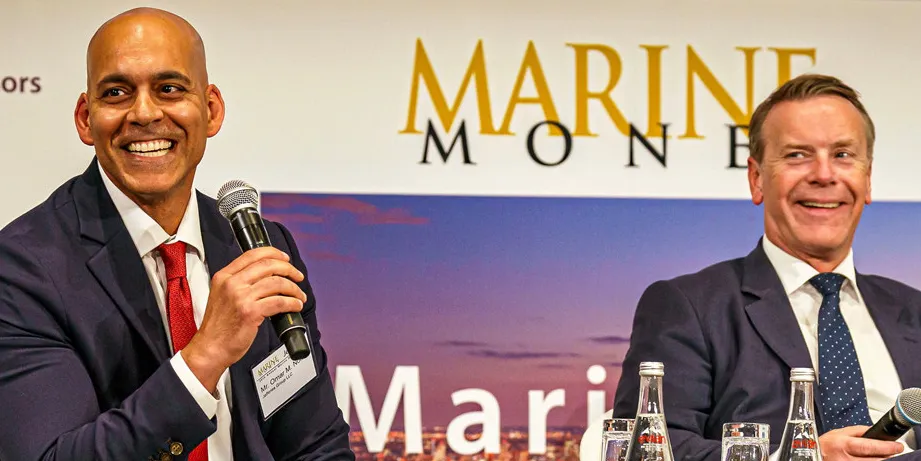 Jefferies analyst Omar Nokta, a bull on Dorian LPG stock, shares a laugh with Frontline CEO Lars Barstad at Marine Money Week in June.