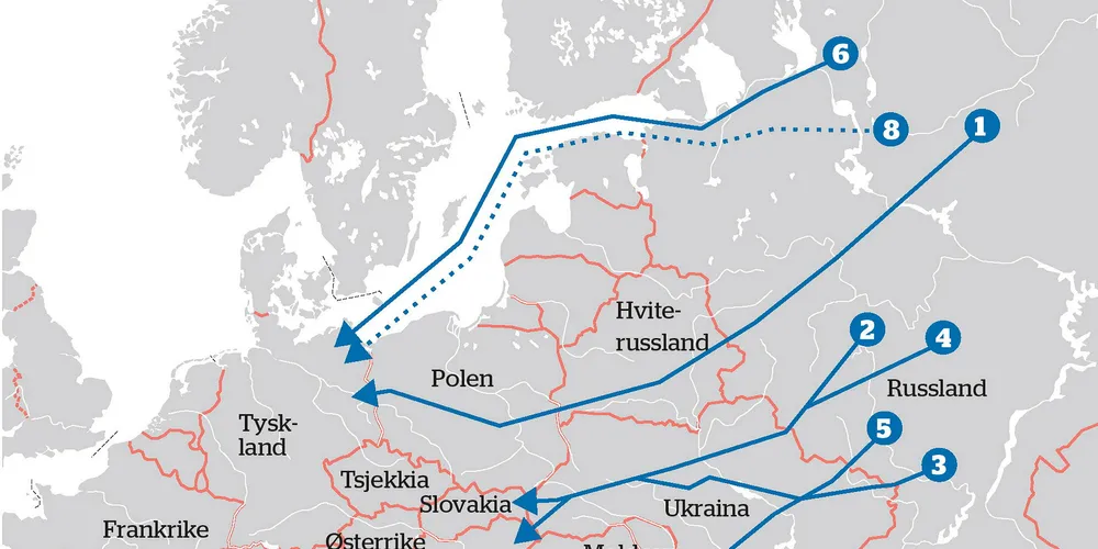Kartet viser noen av gassrørledningene som går fra øst til vest. Nr 6 er Nord Stream 1, som nå er i gang igjen. Nr 8 er Nord Stream 2, som antakelig aldri blir satt i drift.