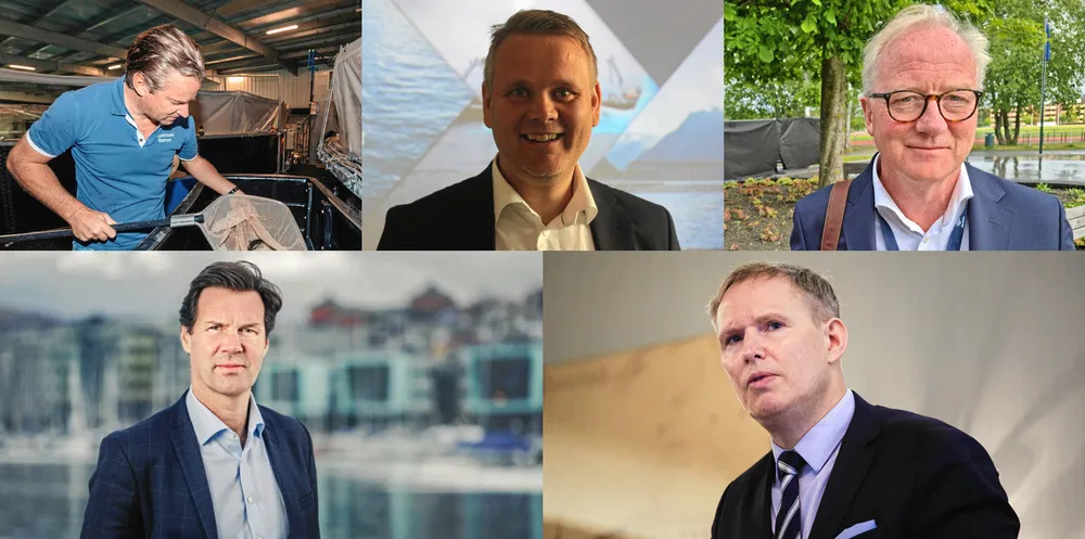 Alle disse er i toppskiktet lønnsmessig i Intrafish oversikt. Fra øverst til venstre: Johan Andreassen i Atlantic Sapphire, Arne Møgster i Austevoll Seafood, Trond Williksen i Benchmark, Henning Beltestad i Lerøy Seafood og Ivan Vindheim i Mowi.
