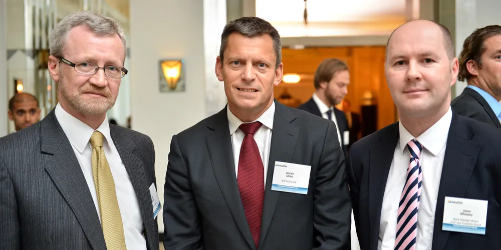 Fishing News International Editor Cormac Burke with Iglo Group's Martin Glenn and Bord Iascaigh Mhara CEO Jason Whooley at the IntraFish Seafood Investment Forum in London in December 2012.