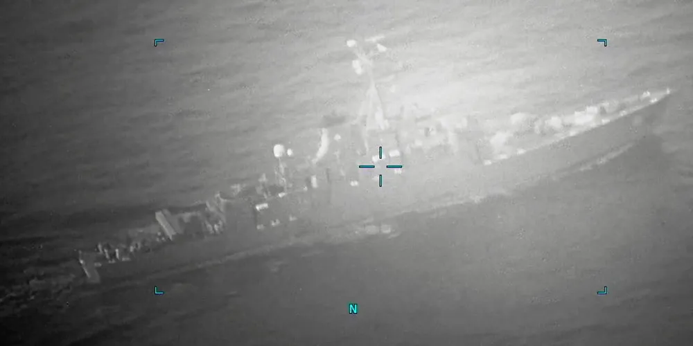 An Iranian naval vessel approaches the 319,000-dwt tanker Richmond Voyager (built 2018).