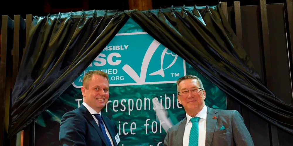 Ola Brattvoll, COO Sales and Marketing of the Marine Harvest Group, and Aquaculture Stewardship Council (ASC) CEO Chris Ninnes launch first-ever ASC Marketing Toolkit and Style Guide at Brussels