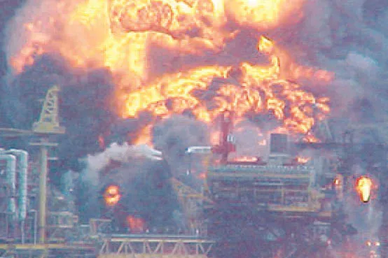 Disaster: fire destroyed an ONGC Bombay High platform in July 2005