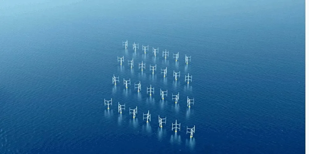 CGI of an array of vertical axis wind turbines moored at sea