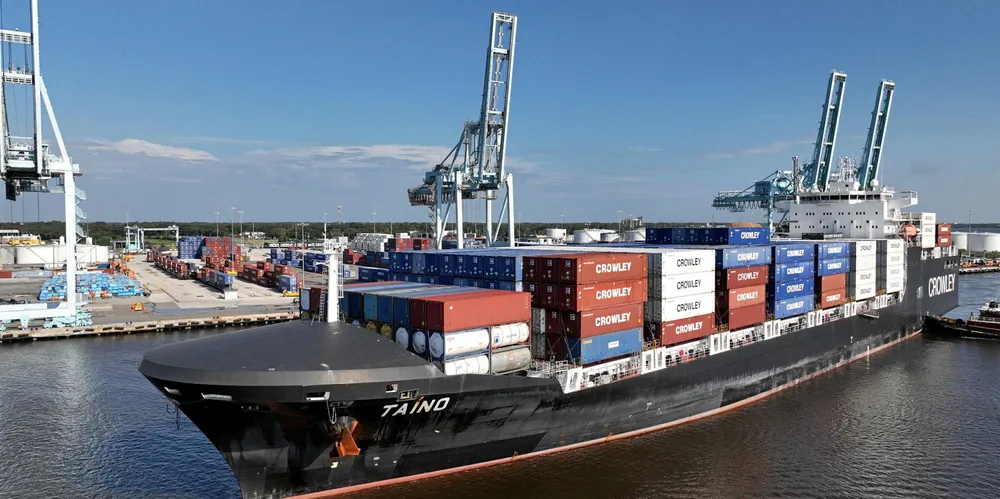 Crowley Logistics’ LNG-powered, 26,500-dwt con-ro Taino (built 2019) is seen at Crowley’s terminal in the Port of Jacksonville. Crowley is investing $14.6m in electric-powered equipment at the terminal.