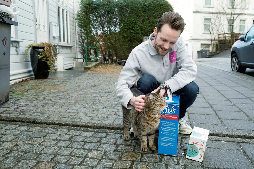 Selskapet Dyrekassen har slått seg opp på hjemmelevering av dyrefôr i flere norske byer. Her er det katten Han Solo som får nytt fôr og sand.