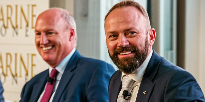 Cadeler chief executive Mikkel Gleerup (right) pictured in a panel appearance with Eneti chief financial officer Hugh Baker.