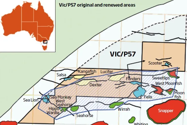 Bass Strait: the exploration permit VIC/P57 contains prospects and leads including the shallow-water West Seahorse oilfield