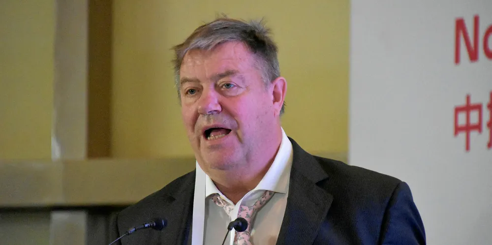 Shipowner Trygve Seglem, president of Knutsen NYK Offshore Tankers, speaking at the Norway China Business Summit in Shanghai in 2018.