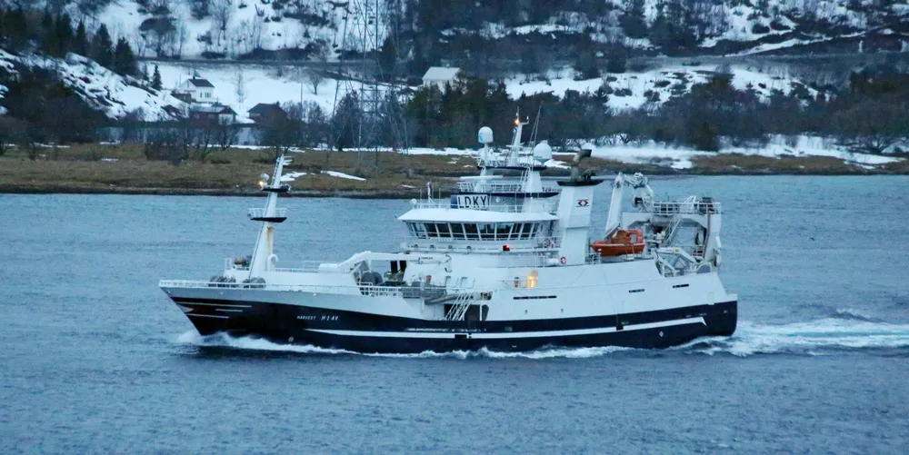 «Harvest» med loddelast på tur sørover i Tjeldsundet. Lasta gikk til Lofoten Viking.