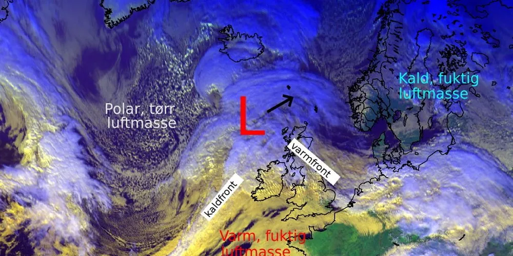 Et lavtrykk ved Færøyene vil skape mye vind i vest. Illustrasjon: Yr/Meteorologene på Twitter