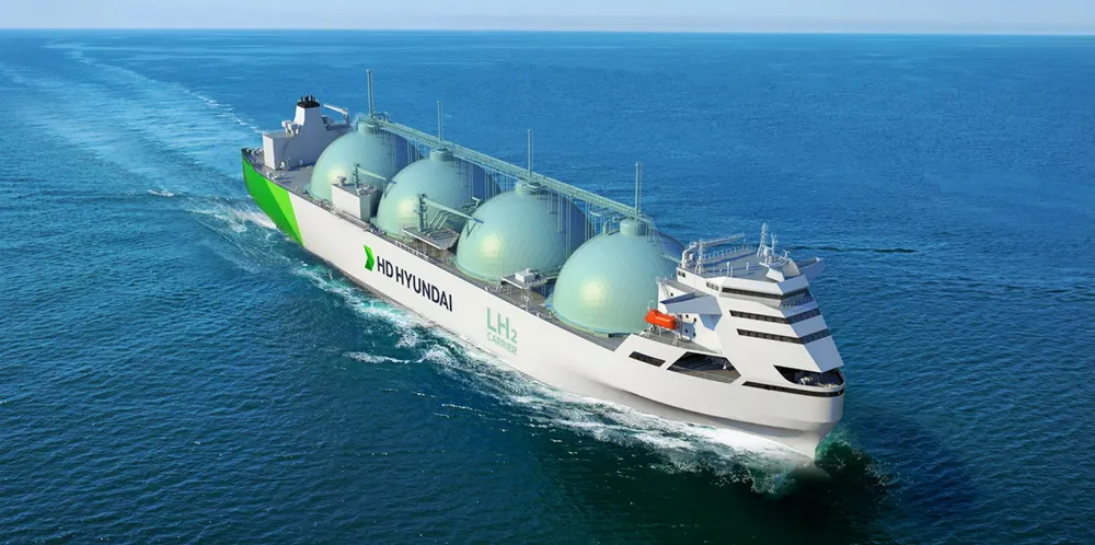An image of a large liquefied hydrogen carrier by HD KSOE.