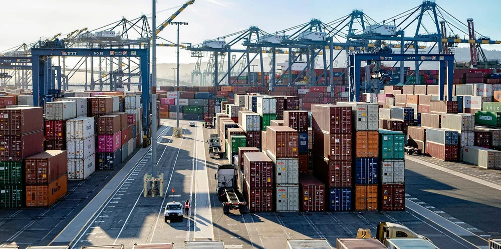 Containerised cargo awaits pick-up at the Port of Los Angeles, North America’s busiest port. The International Longshore and Warehouse Union, which represents dockers at 29 West Coast ports, and the Pacific Maritime Association have ratified a new six-year labour contract.