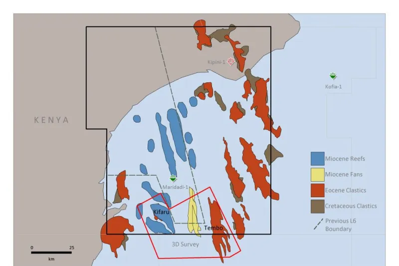 Offshore Kenya: a map showing the previous and new L6 permit areas and leads and prospects. The dotted black line is the block’s previous boundary.