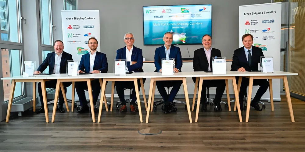 (From left) Margus Vihman, Port of Tallinn chief commercial officer; Edgars Suna, Port of Riga deputy chief executive; Luc Arnouts, Port of Antwerp-Bruges vice president; Sergio Spinosa, X-Press Feeders managing director Americas and director Iberia, north and west Africa; Vesa Marttinen, Port of Helsinki vice president, cargo services and Captain Vladas Motiejunas, Klaipeda Port harbourmaster.