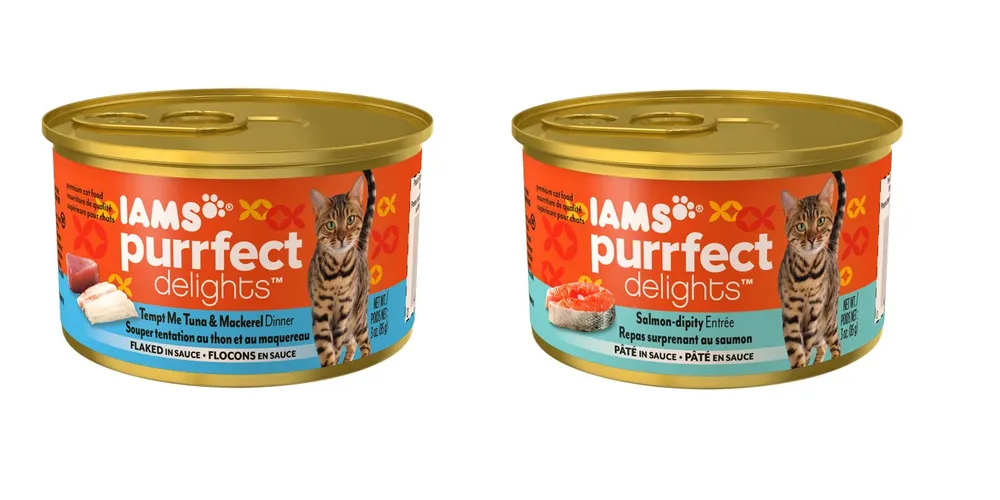 Iams Purrfect Delights Tempt Me Tuna & Mackerel Dinner Flaked In Sauce. Salmon-dipity Entrée Pâté In Sauce