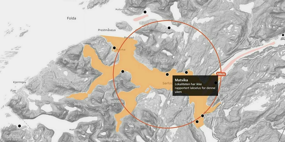 Lokaliteten Matvika drives av Mowi. Den ligger i Sørfold kommune i Nordland. Kartet er hentet fra BarentsWatch.no