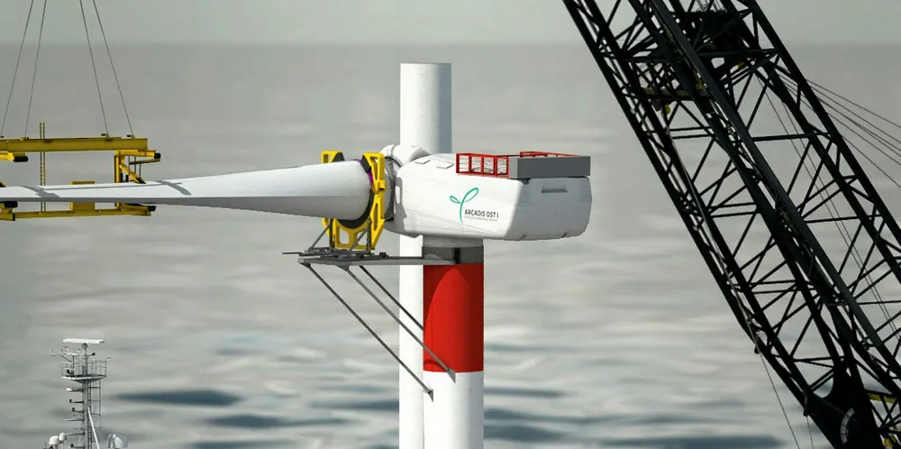 CGI of installation of a turbine at Parkwind's Arcadis Ost 1 project from floating vessel