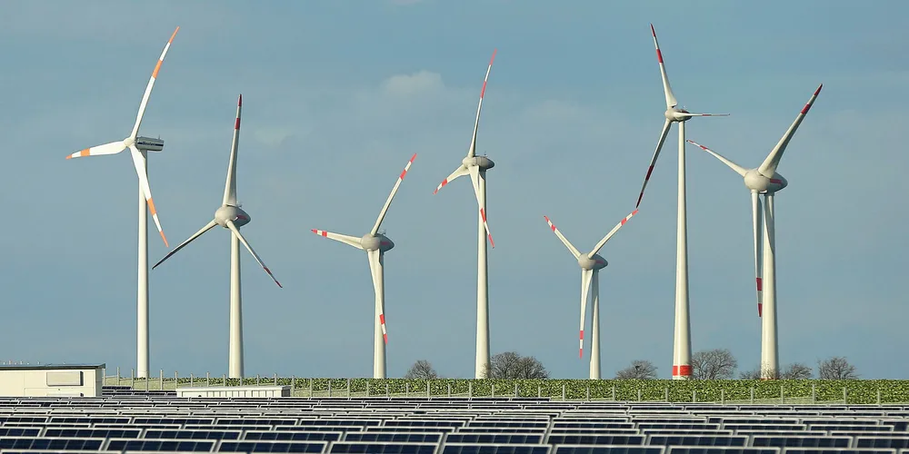Wind turbines and PV modules near Werder, Germany.