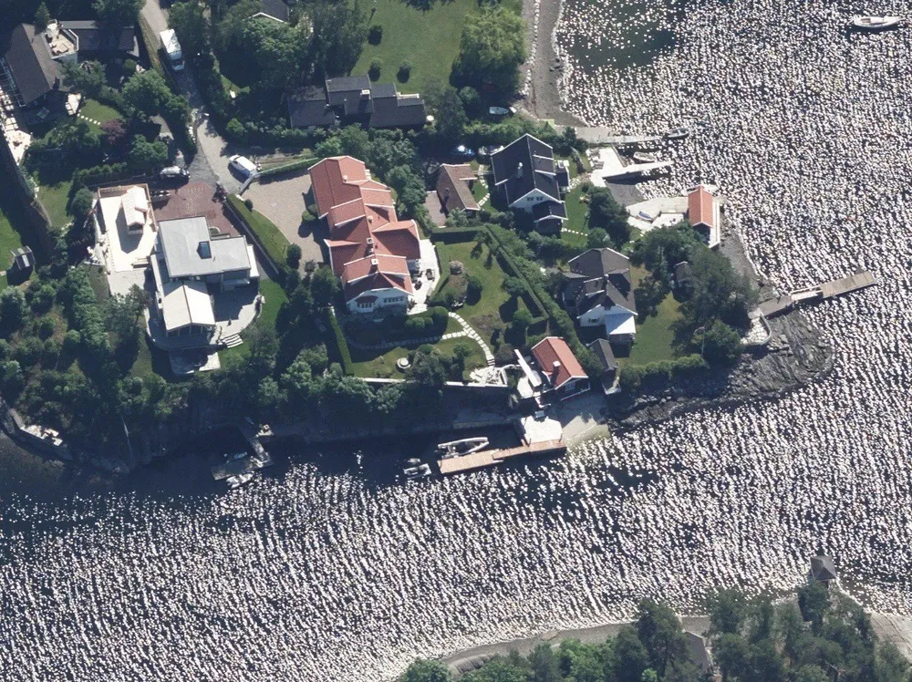 Fredrik Selmer og kona Vibeke har kjøpt strandeiendommen Hestesundveien 10 på Nesøya for 70 millioner kroner (midt i bildet med brygge).