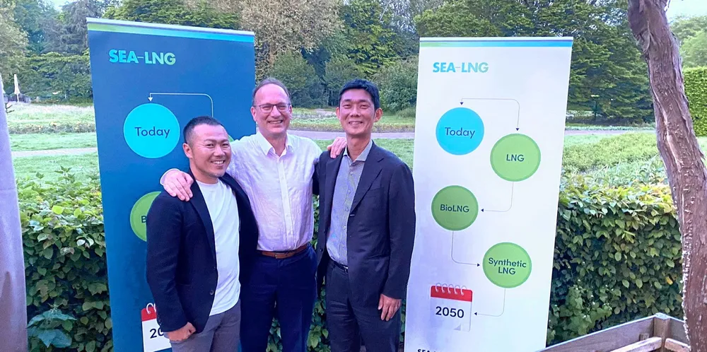 Osaka Gas LNG manager Kohei Uchida (left) and general manager Hirohisa Yamada (right) were welcomed into the coalition by SEA-LNG chief operating officer Steve Esau (centre).